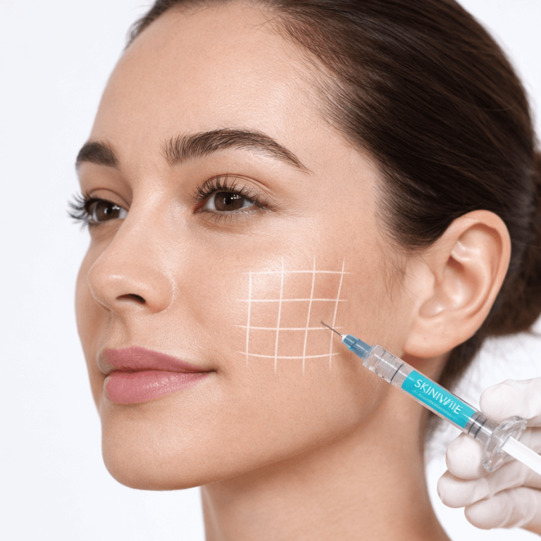 Skin Quality-Behandlung der Wangen bei einer Frau in einer ästhetisch-medizinischen Praxis
