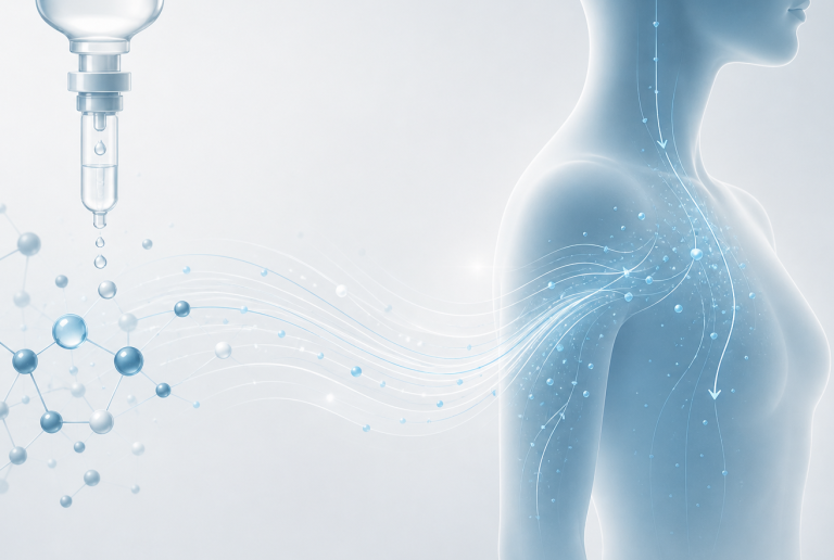 Stilisierte Moleküle und fließende Linien, die in eine menschliche Silhouette übergehen und die direkte Aufnahme von Vitaminen und Mikronähr