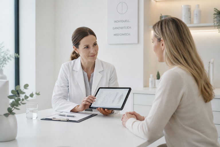 Ärztin berät Patientin in moderner Praxis und erklärt individuelle Vitamin- und Mikronährstoffinfusion anhand einer Analyse auf einem Tablet