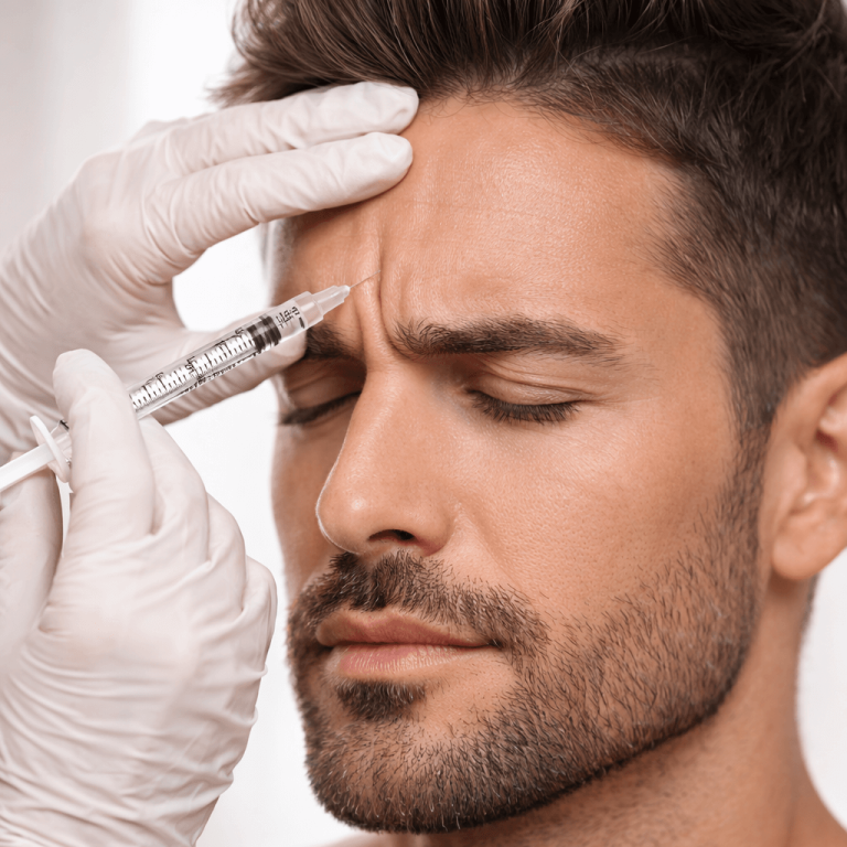 Botox-Behandlung der Stirnfalten bei einem Mann in einer ästhetisch-medizinischen Praxis
